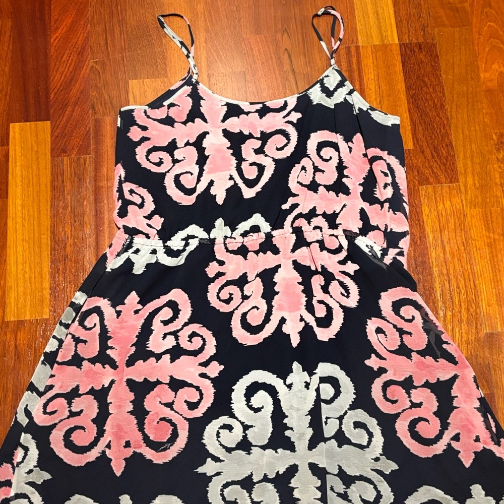 Milly Navy Dress with Pink & Cream Scroll Print - Spaghetti Strap